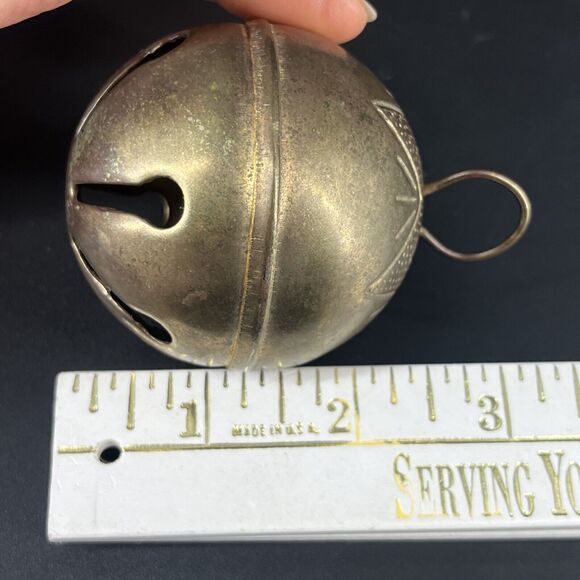 Vintage Sleigh Bell 2-1/2" Ornate Pattern Engraved Star Jingle Tarnished Silver - Picture 7 of 12